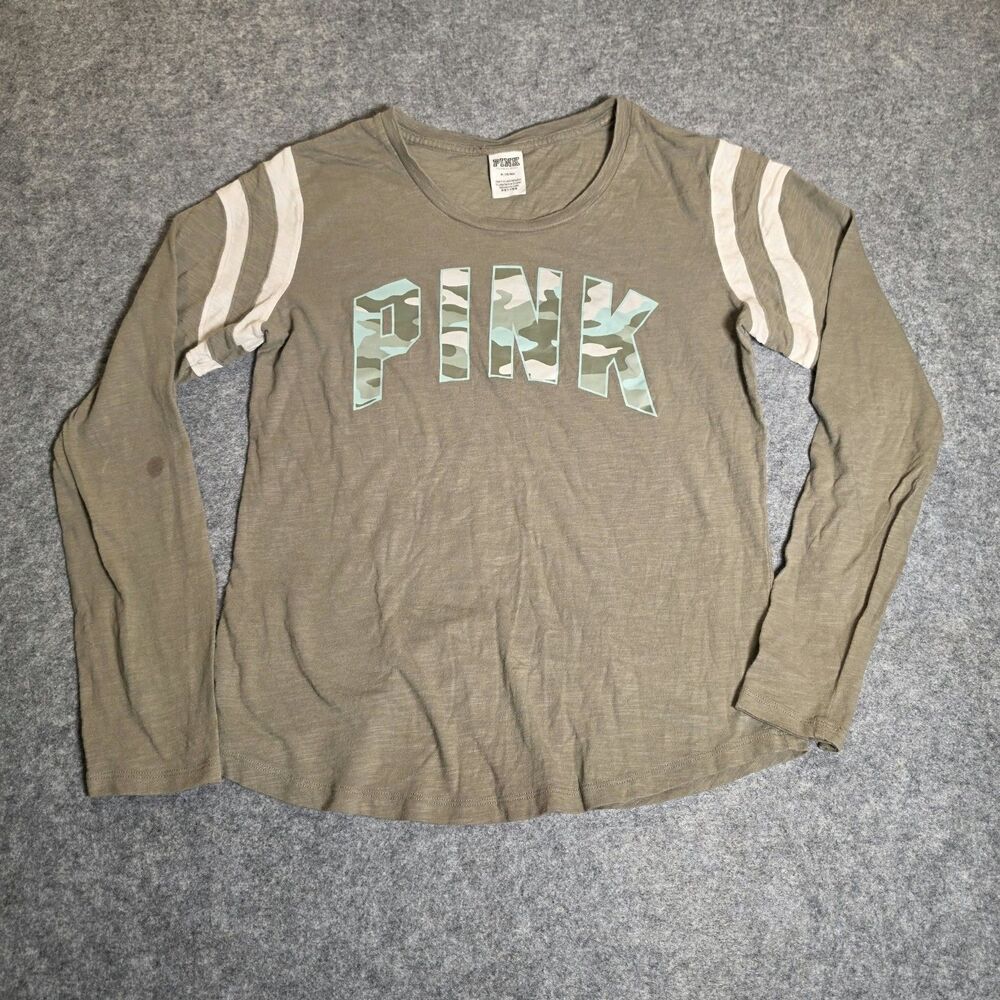 PINK Victoria’s Secret Camo Logo Long Sleeve Varsity Tee Green Size Medium